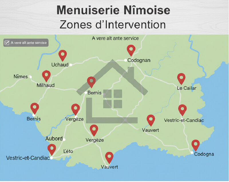 Carte des zones d'intervention de Menuiserie Nîmoise dans le Gard